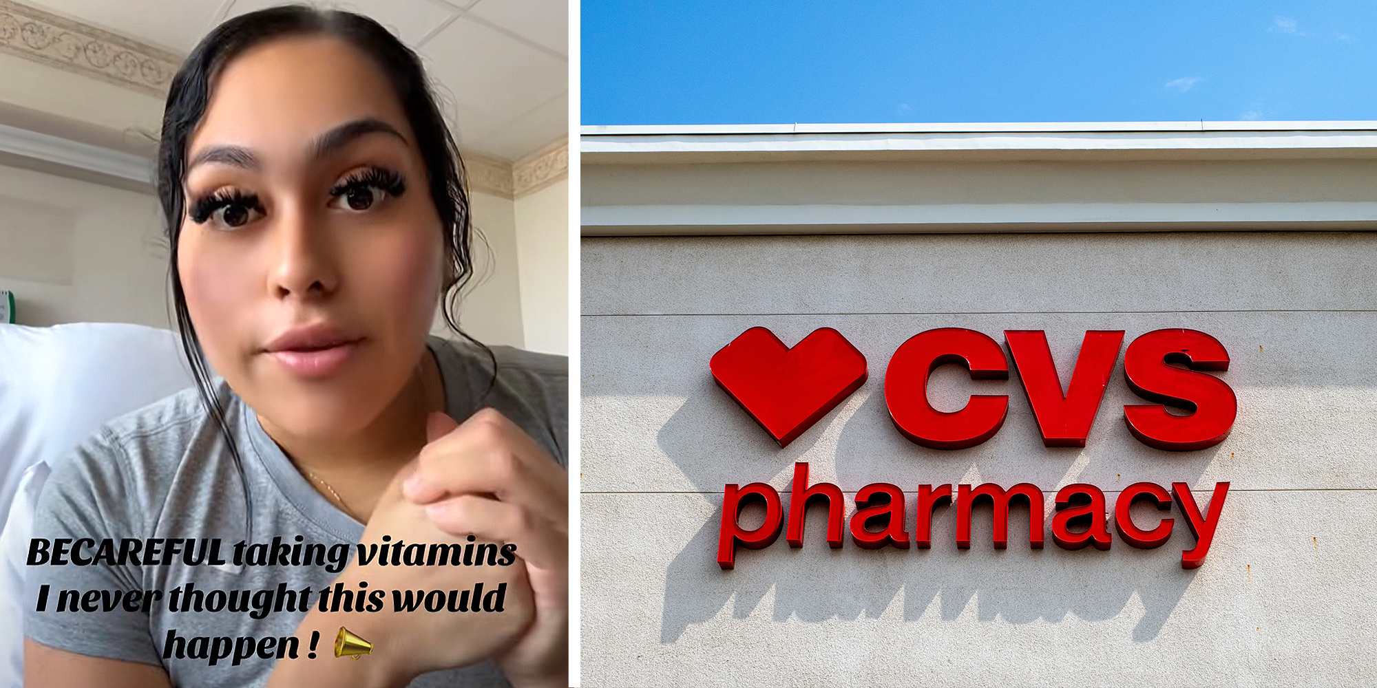 2 image split. Woman, angered, with overlayed text that reads: 'Be careful taking vitamins, I never thought this would happen! (megaphone emoji) on left. CVS store on right.