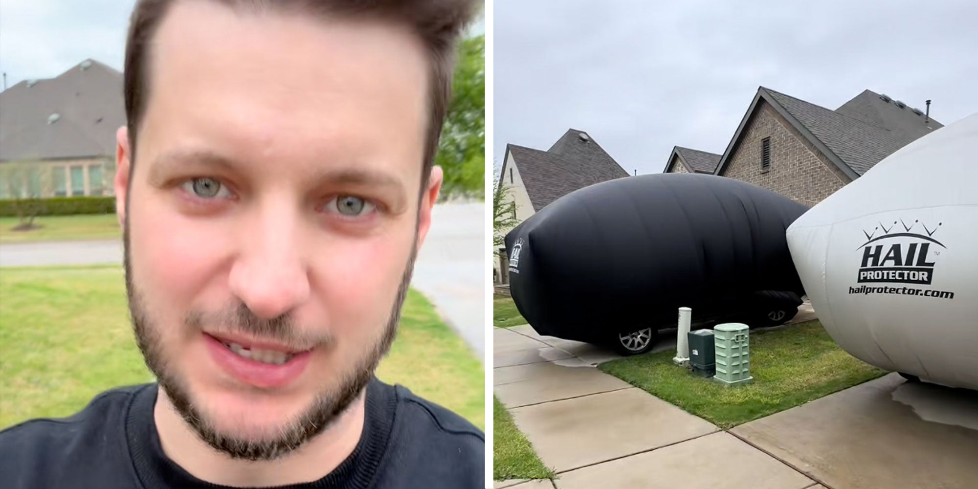 Screenshot of Tiktok user @letsdorealestate; Screenshot from Tiktok user @letsdorealestate of two Hail Protectors over cars.
