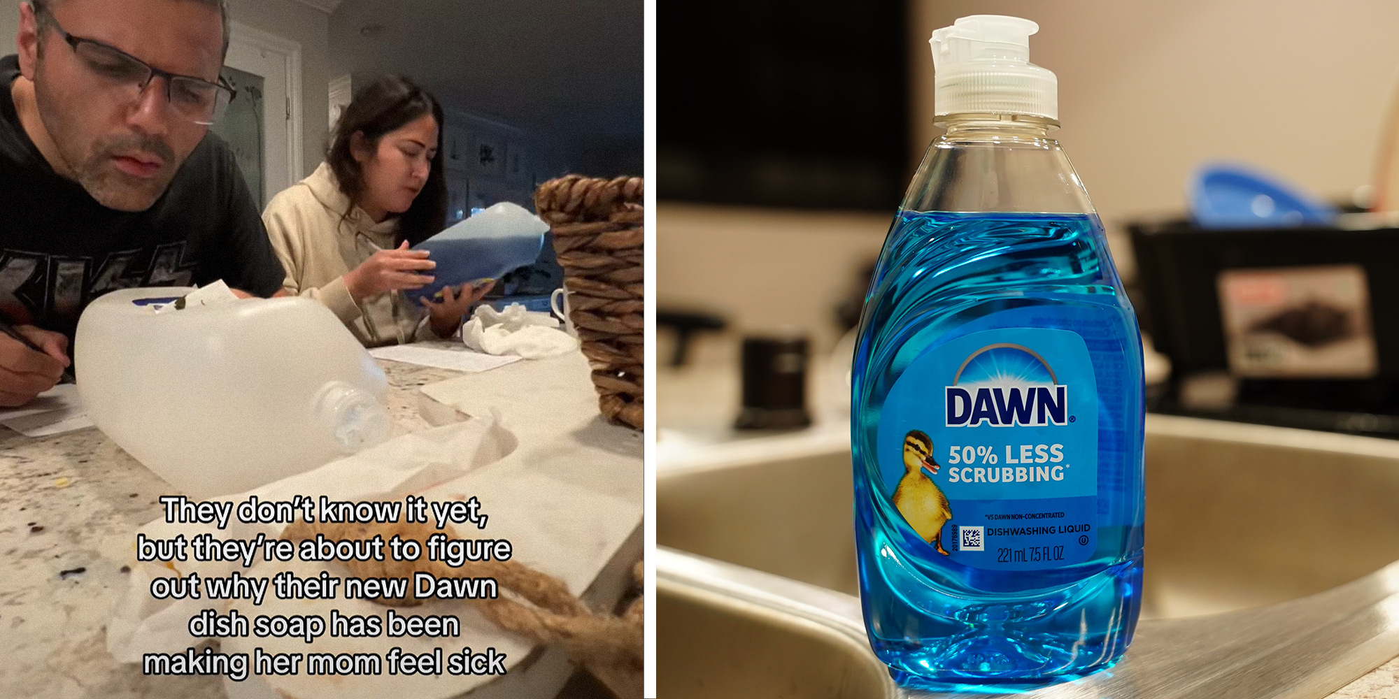 2 image split. Parents reading dish washing label with overlayed text that reads: 'They don't know it yet, but they're about to figure out why their new Dawn dish soap has been making her mom feel sick' on left. Dawn dish soap on right.