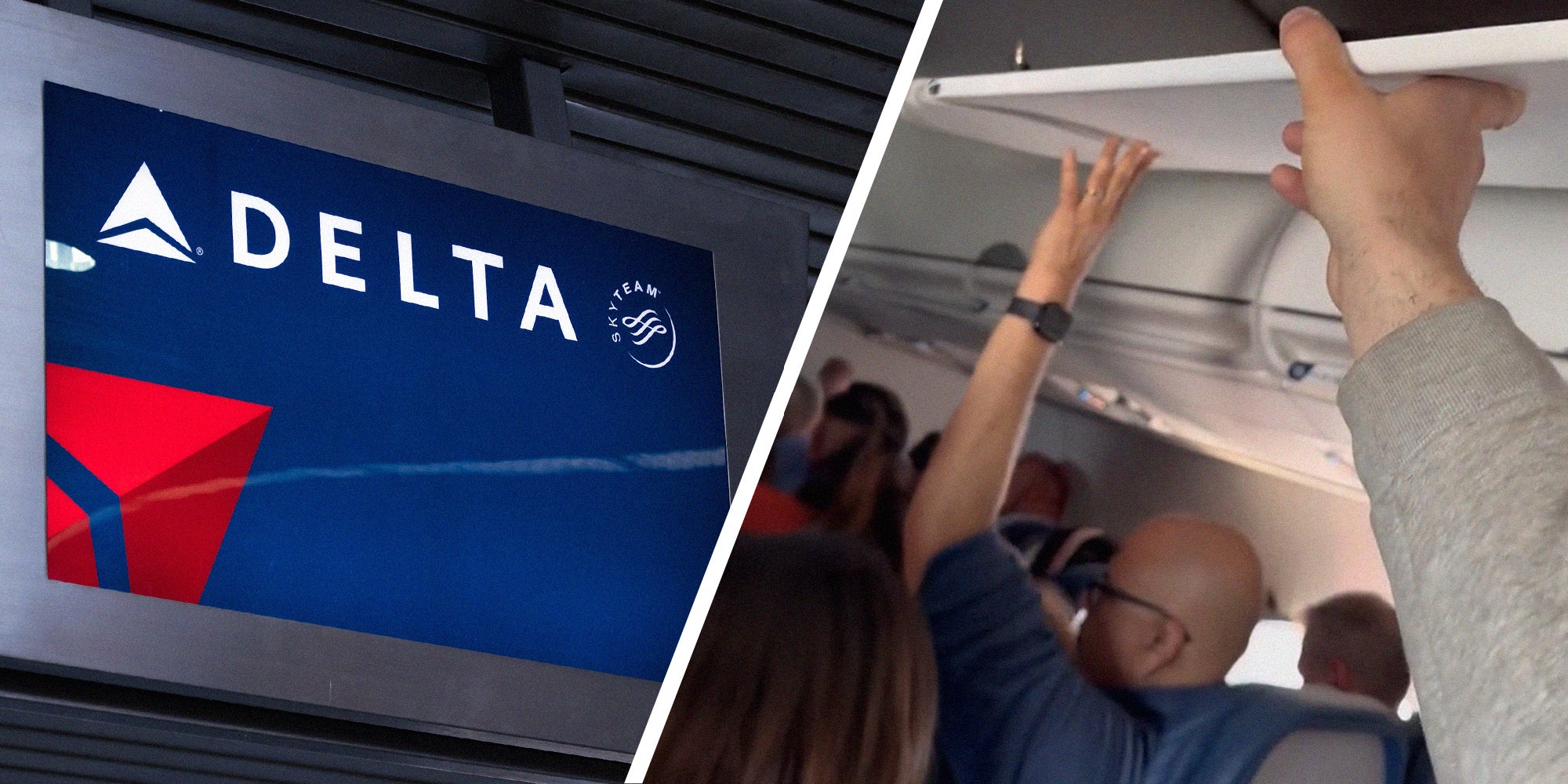 Delta Sign(l) People holding up plane ceiling(r)