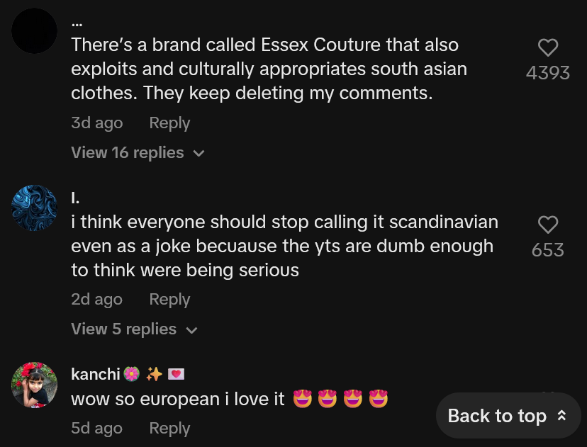TikTok comments including one reading 'There’s a brand called Essex Couture that also exploits and culturally appropriates south asian clothes. They keep deleting my comments.'