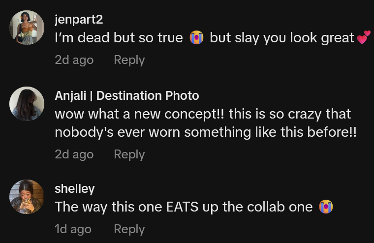 TikTok comments including one reading 'wow what a new concept!! this is so crazy that nobody's ever worn something like this before!!'