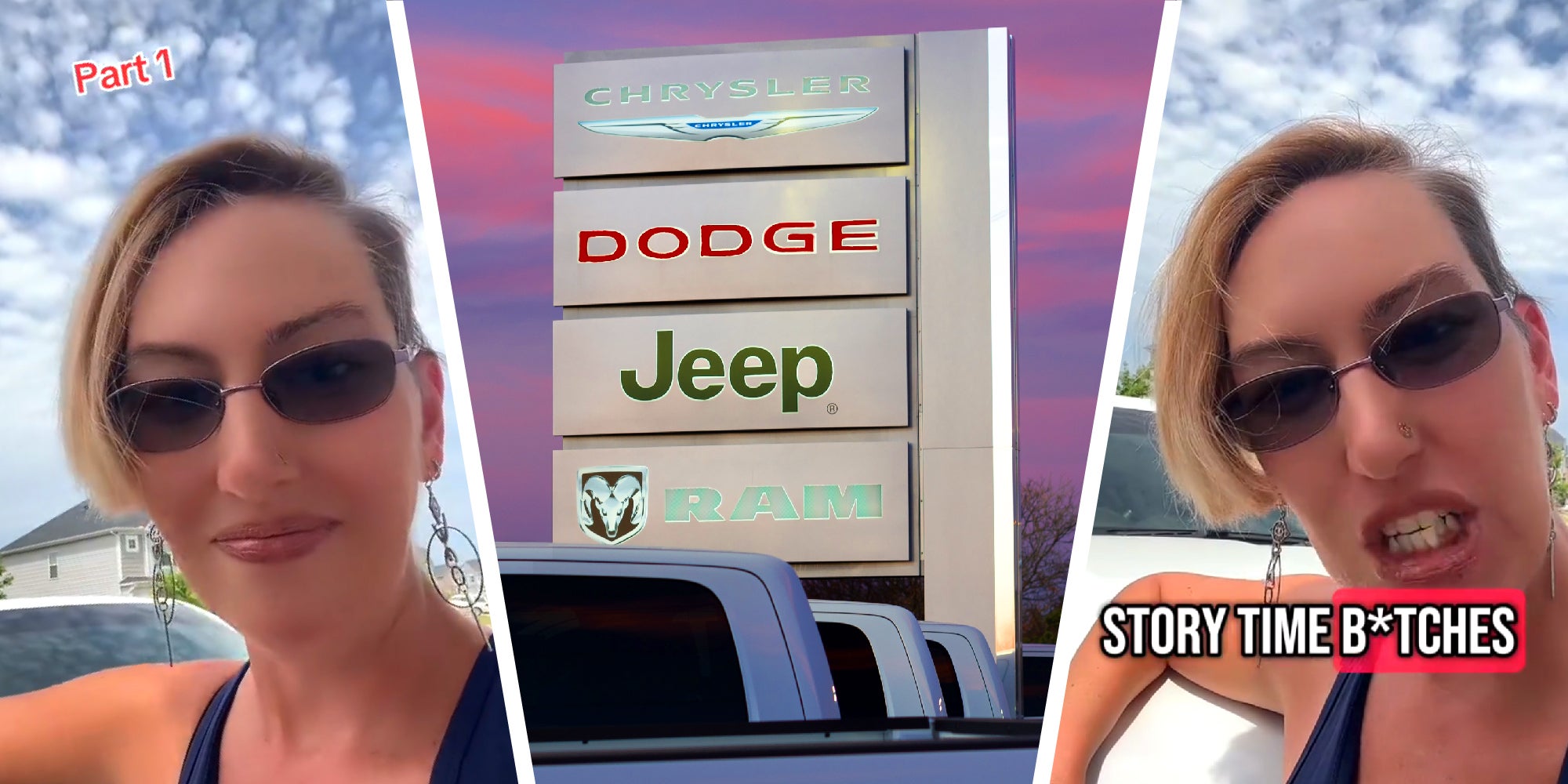 3 panel image: on the sides a person explains, in the middle is a car dealership sign.