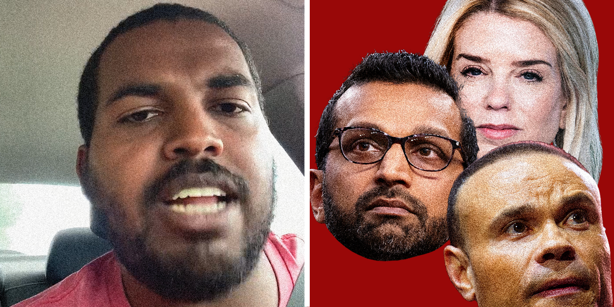 2 image split. Man in car on left. Floating heads of Dan Bongino, Pam Bondi, and Kash Patel