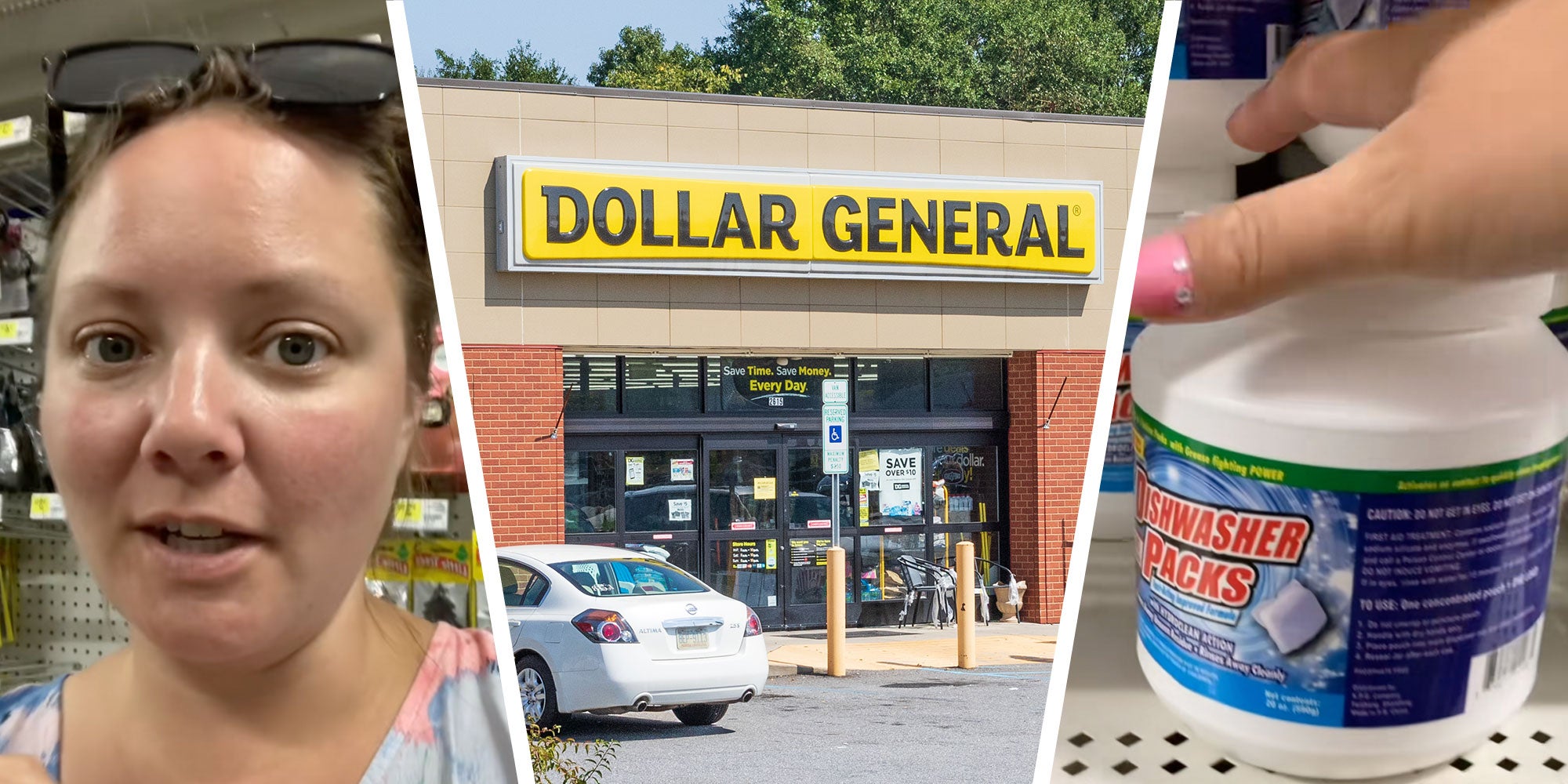 Left: Screenshot of Tiktok user @true_reviews1; Center: Photo of a Dollar General; Right: Screenshot from Tiktok user @true_reviews1 of a Dollar General Dishwasher Packs container.