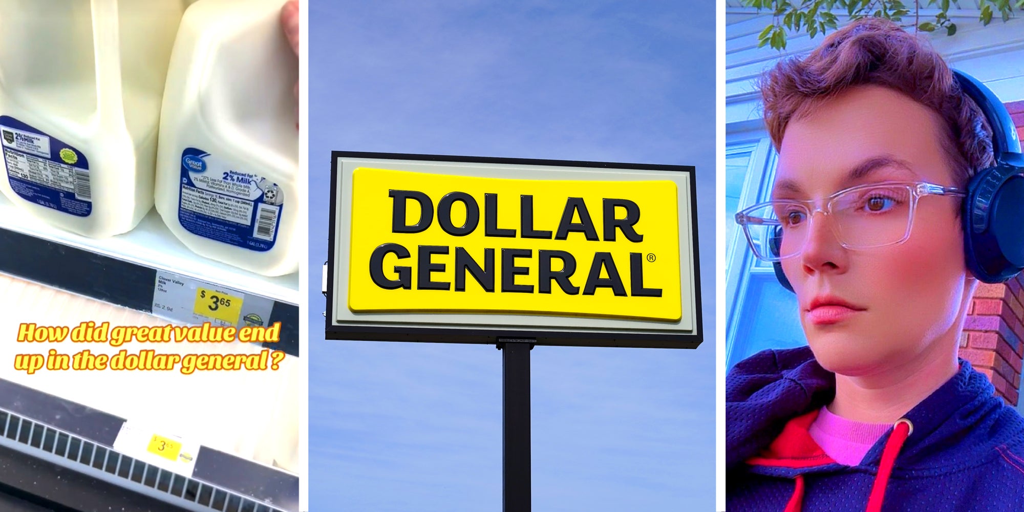 3 panel image: a case of milk in a store, a Dollar General store sign, a person standing outside.