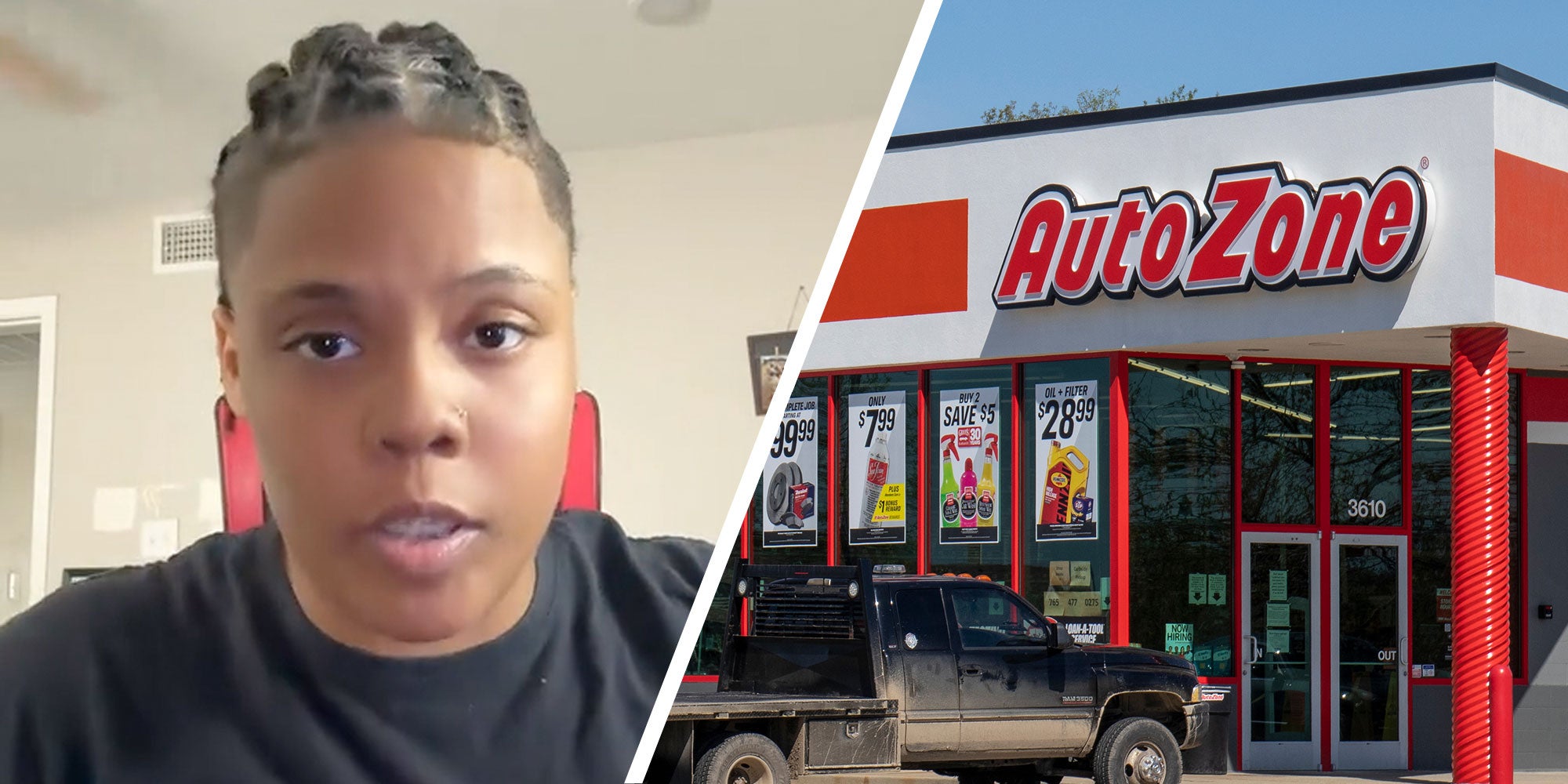 2 panel image of woman, autozone