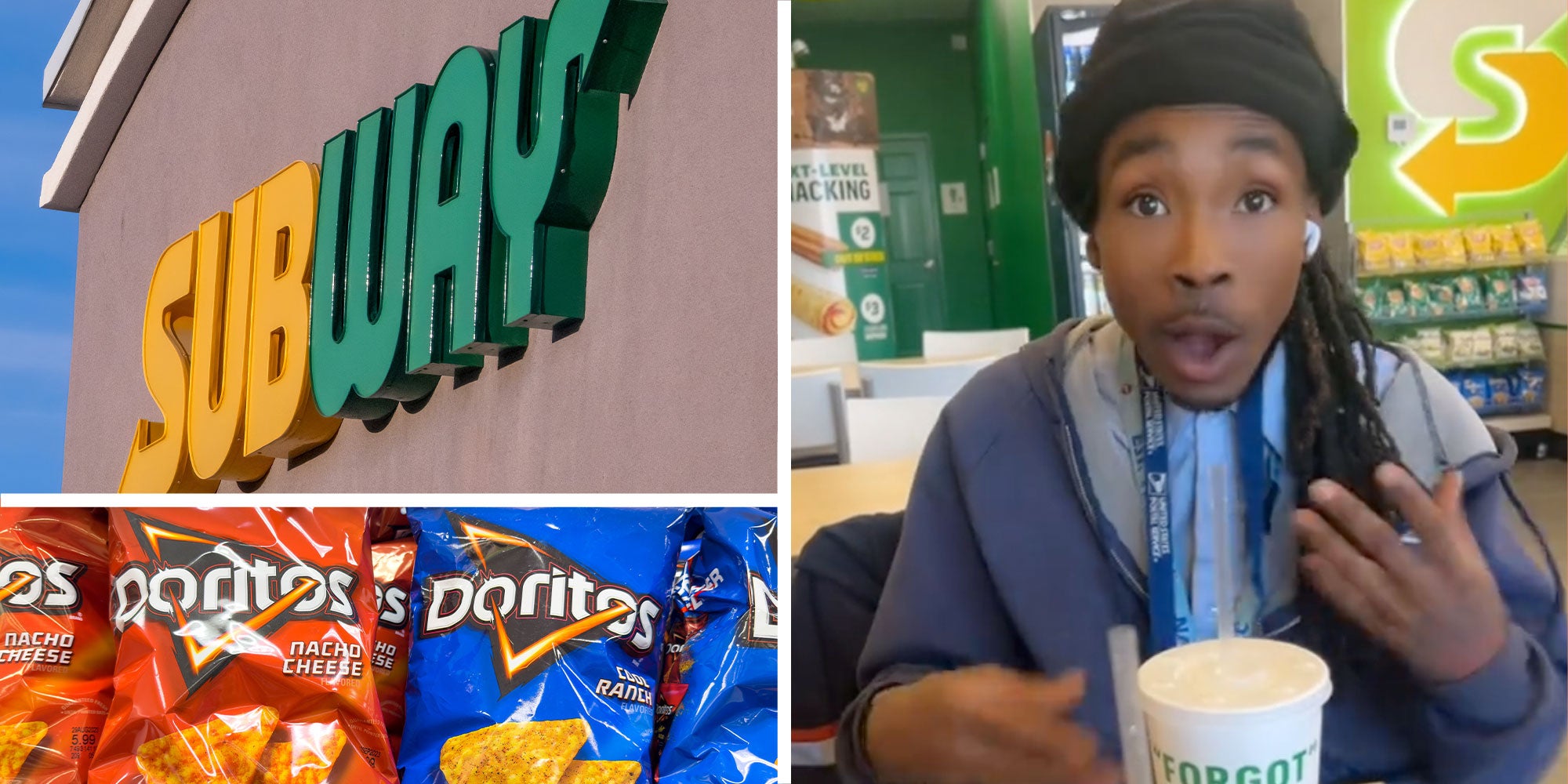 3 panel image of subway restaurant, doritos chips, man