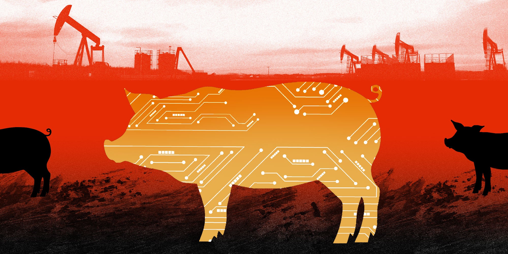 illustration of a hog covered in tech circuitry standing in front of a horizon full of oil derricks.
