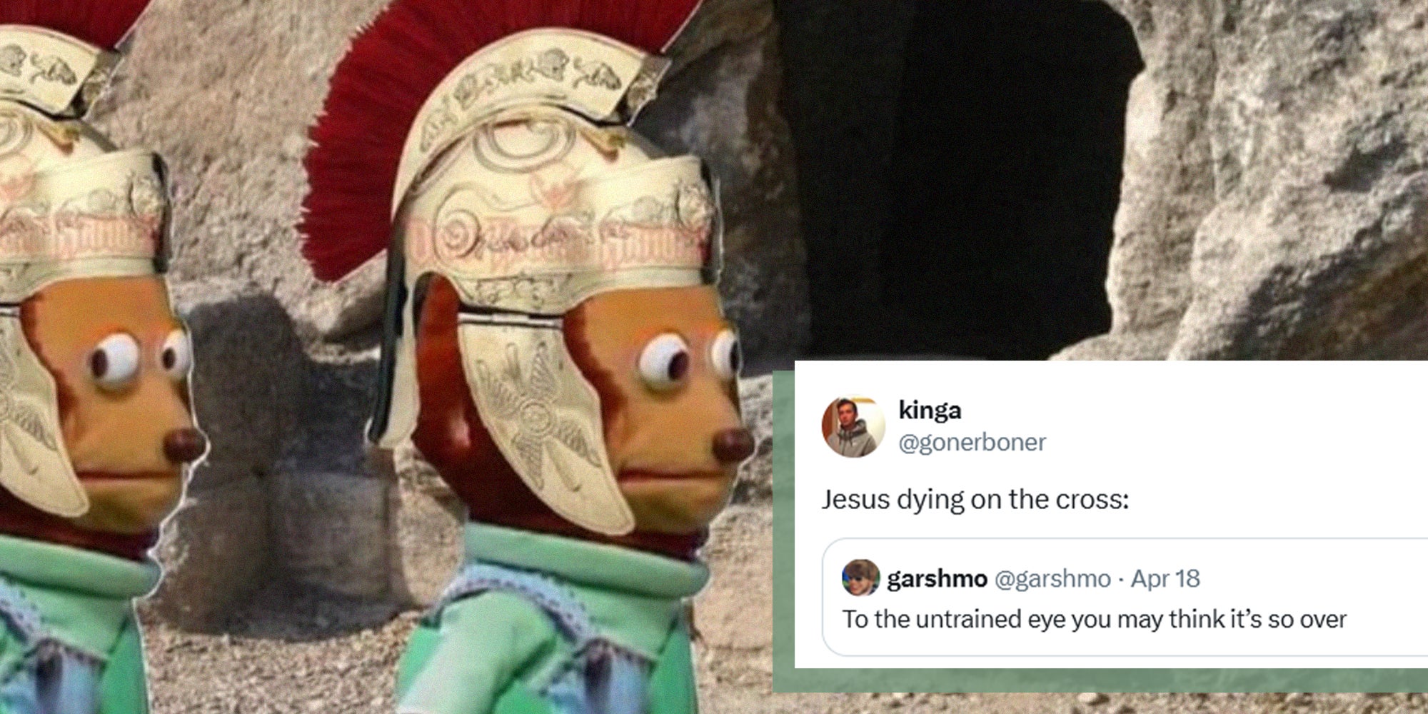 Easter Meme of puppets giving side eye with cave background