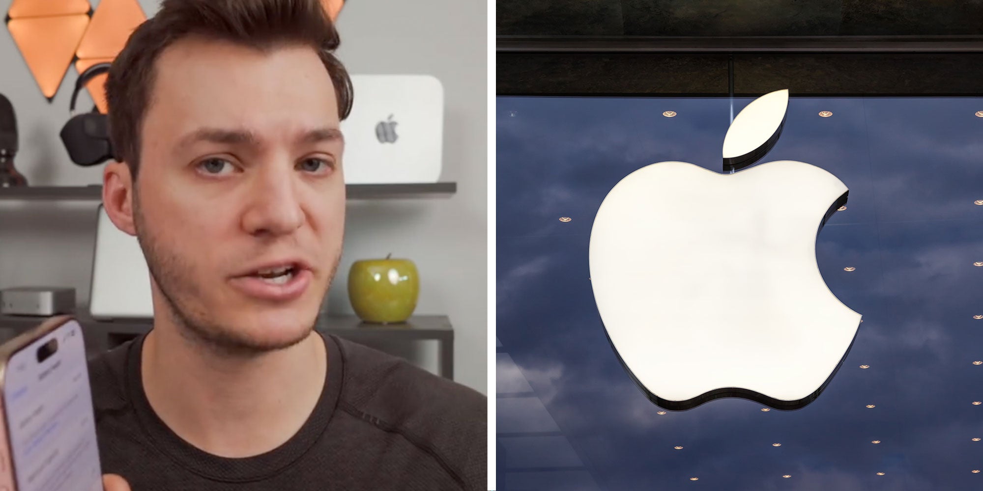 2 panel image of a man with phone, apple logo