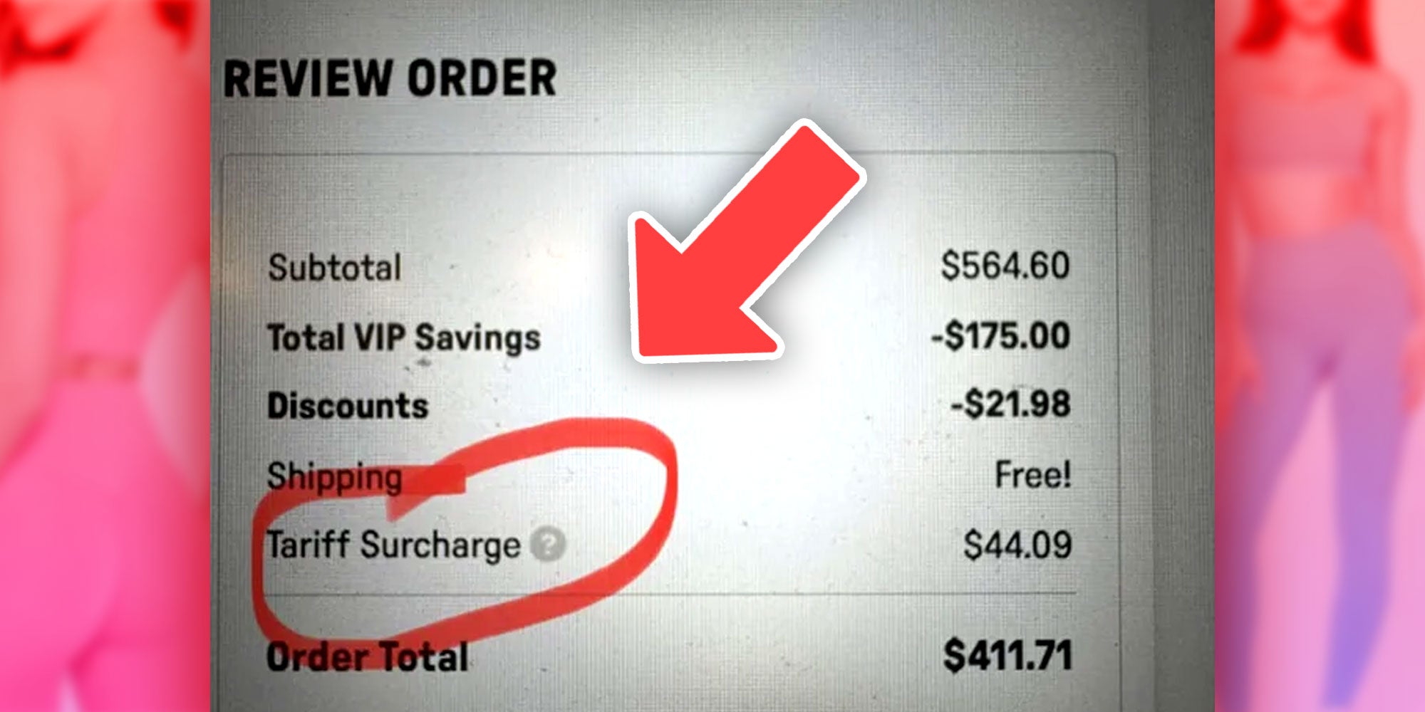Photo Composite of a Reddit screenshot from user u/ProperMod of a Fabletics receipt with a $44.09 Tariff Surcharge over two promotional images from Fabletics.com.