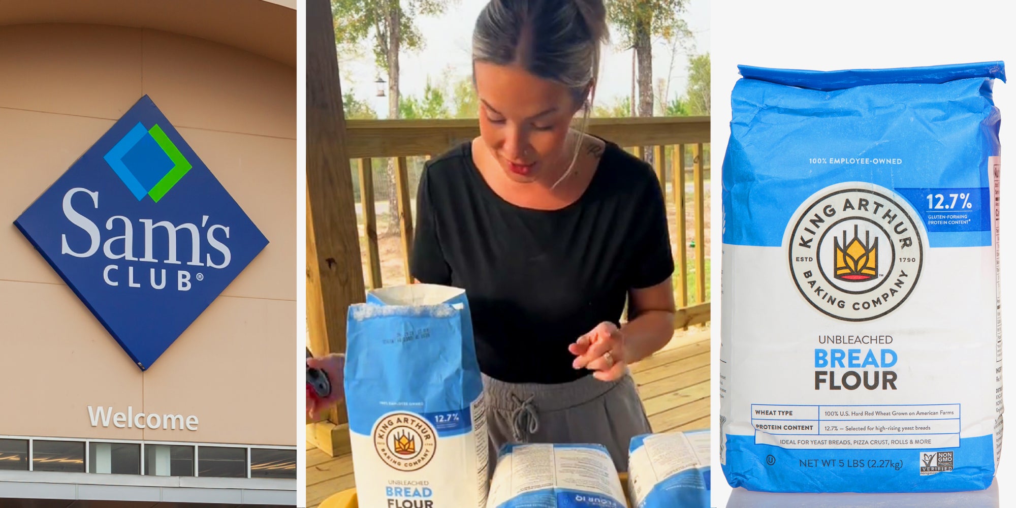3 panel image: Sam's Club store, a person baking, and a bag of flour.