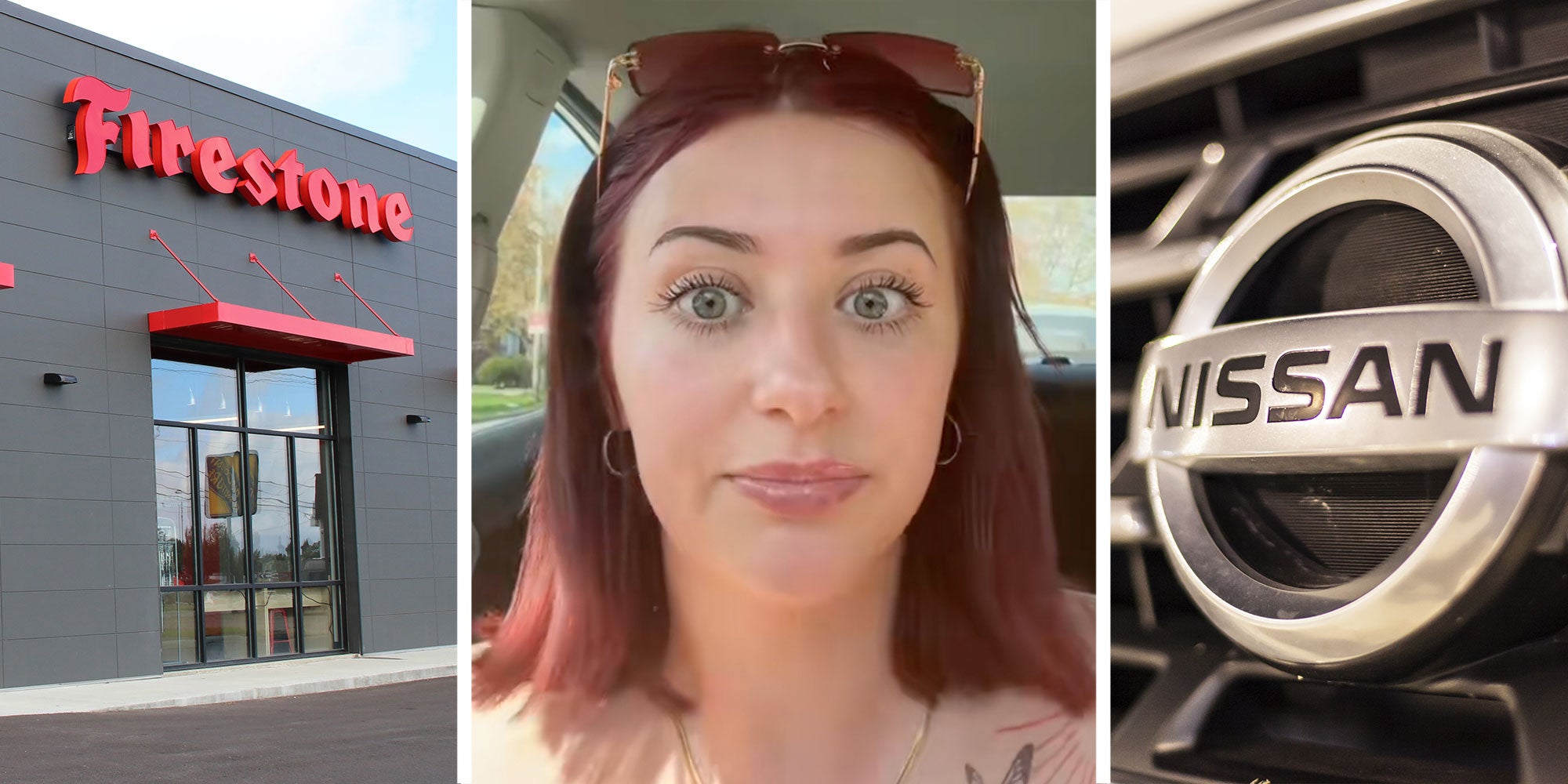 Photo of a Firestone exterior; Screenshot of Tiktok user @gabycuyler; Photo of a Nissan grill.