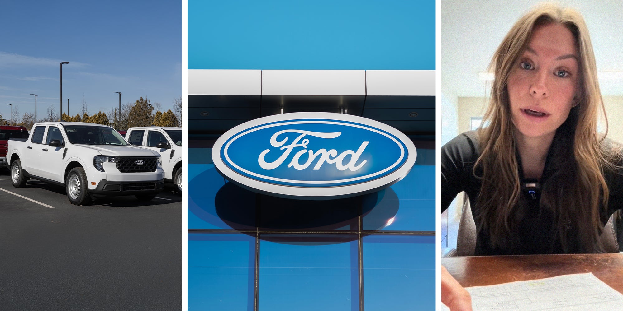Ford Maverick(l) Ford Dealer Sign(c) Woman shares promotion on ford pickup truck(r)