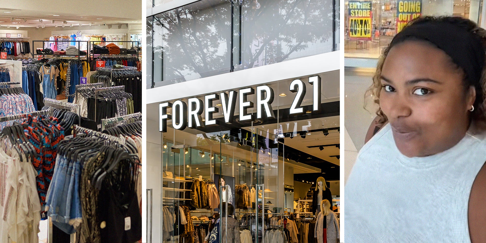 forever 21 clothes on display(l) Forever 21 store front(c) Woman shares what's happening at Forever21 sale(r)