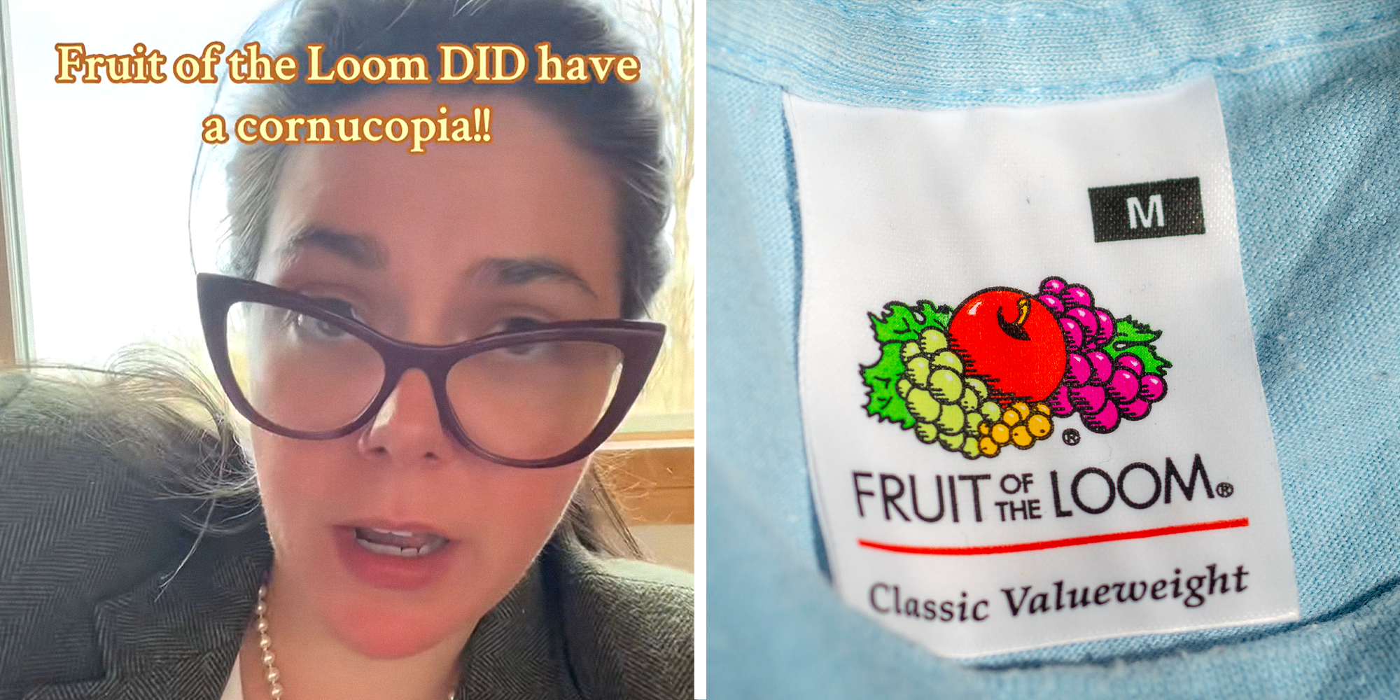 2 image split. Woman on left with overlayed text that reads: 'Fruit of the Loom DID have a cornucopia!' Fruit of the Loom tag on right.