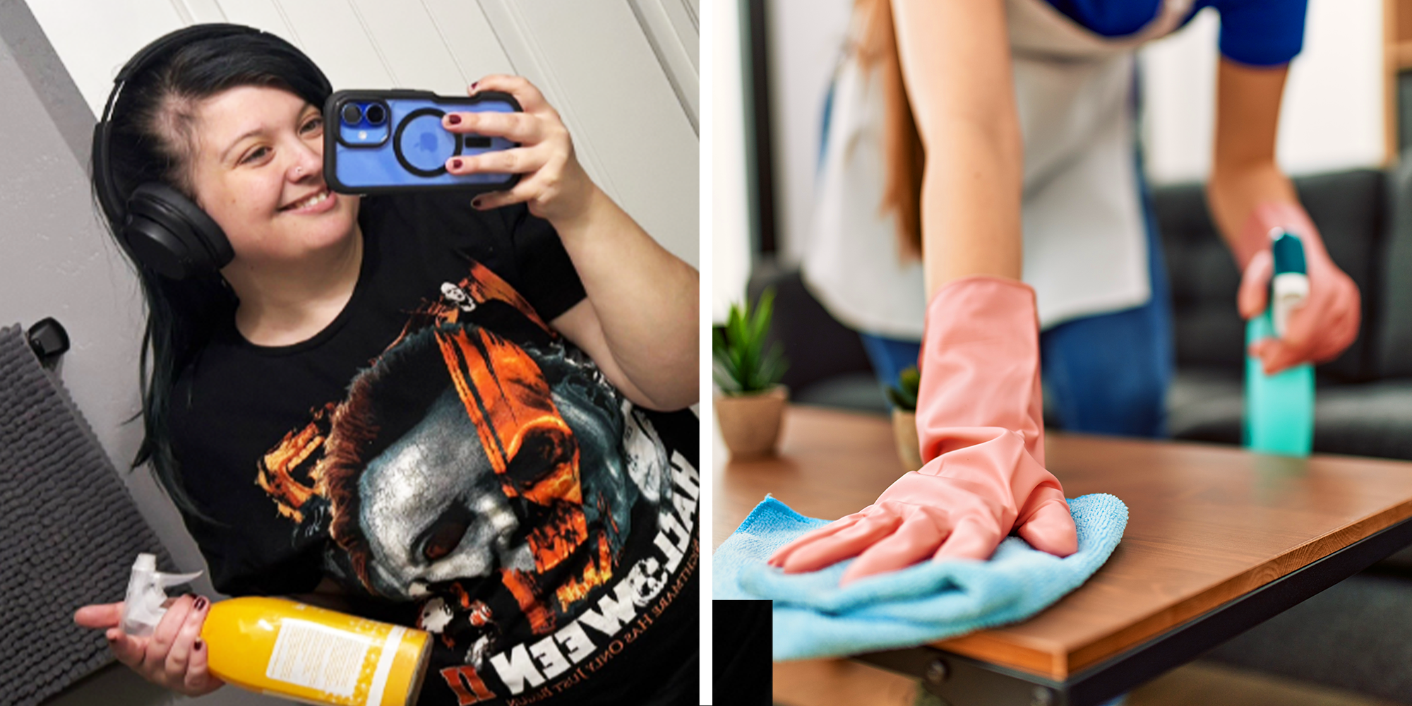 2 Panel image, Women with Black hair and headphones holding cleaning spray and her phone. Cleaning lady wiping the table with blue cloth