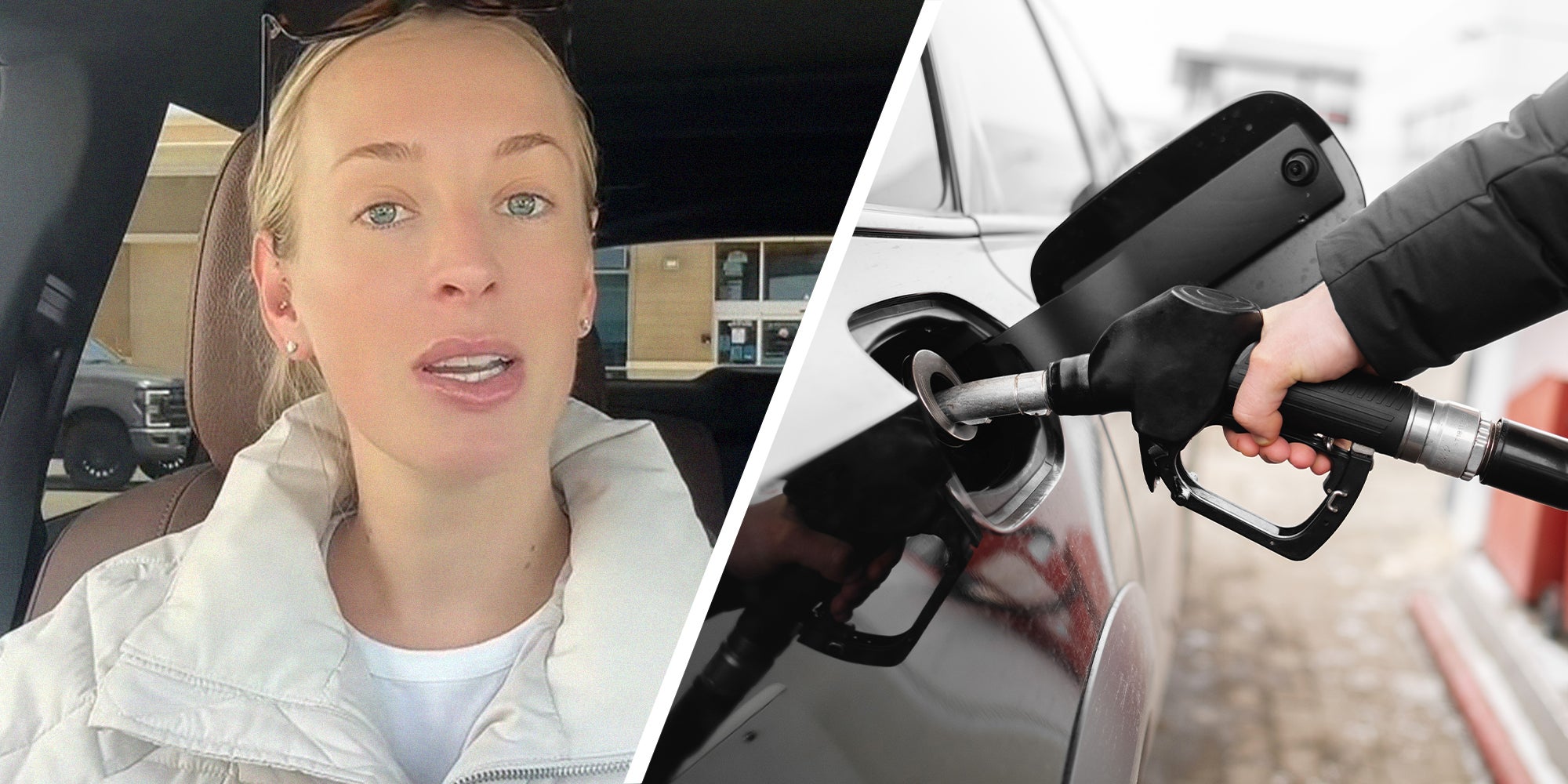 woman shares new scam at gas stations(l) Person filling up vehicle with gas pump(r)