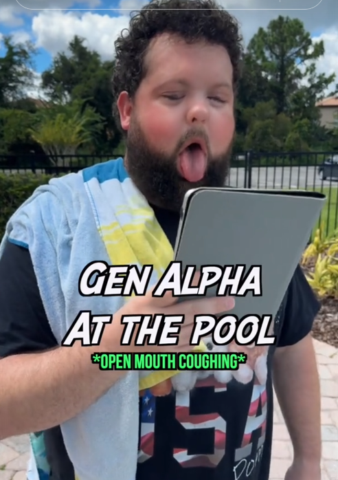 TikTok video of a man with an iPad demonstrating the Gen Alpha cough.