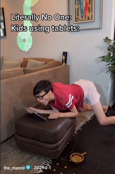 TikTok video of a man doing a Gen Alpha cough as an iPad kid.