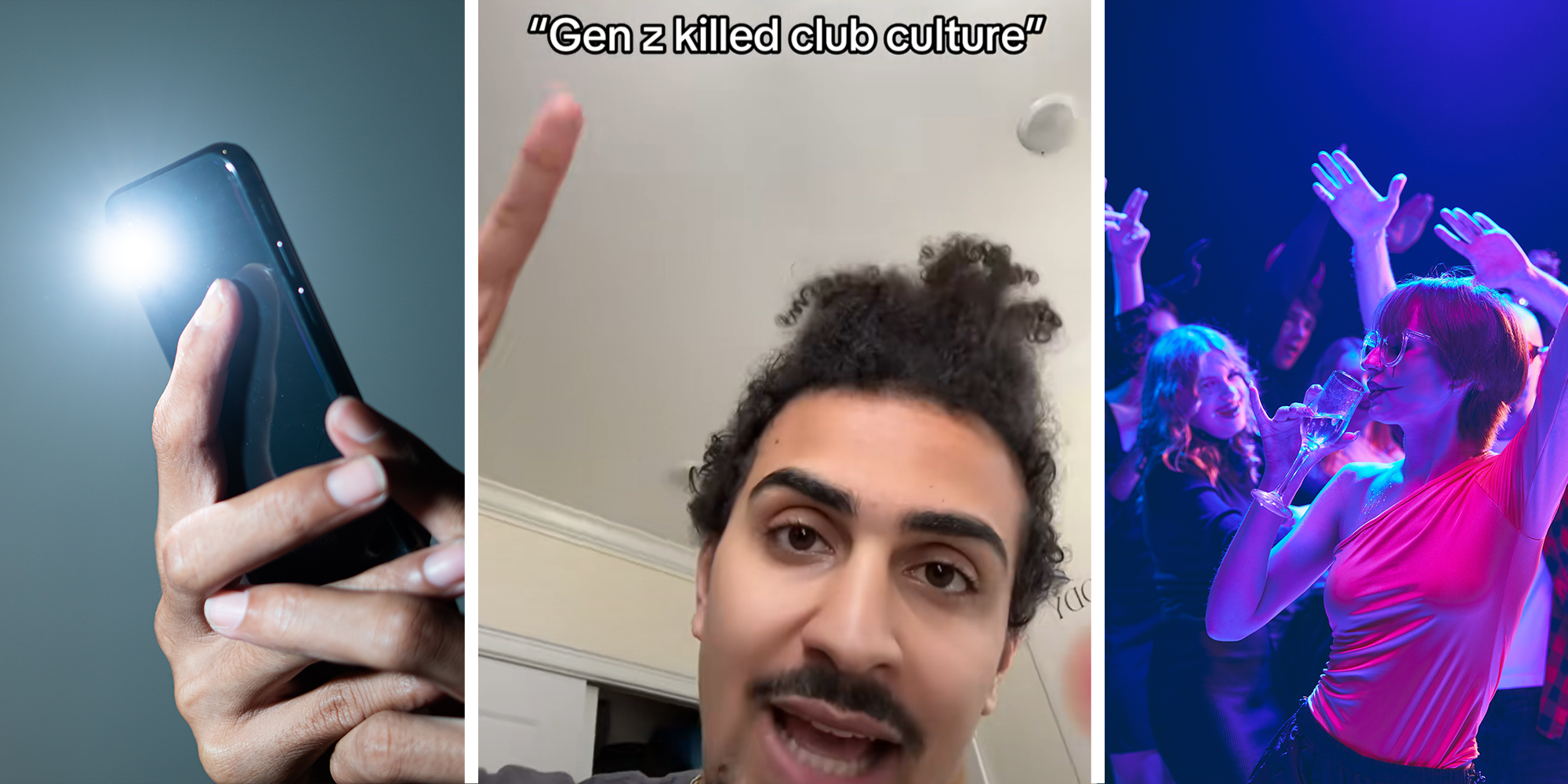3 image split. Phone with flash on on left. Man pointing to overlayed text that reads: 'Gen Z killed club culture' in center. Woman at nightclub on right.