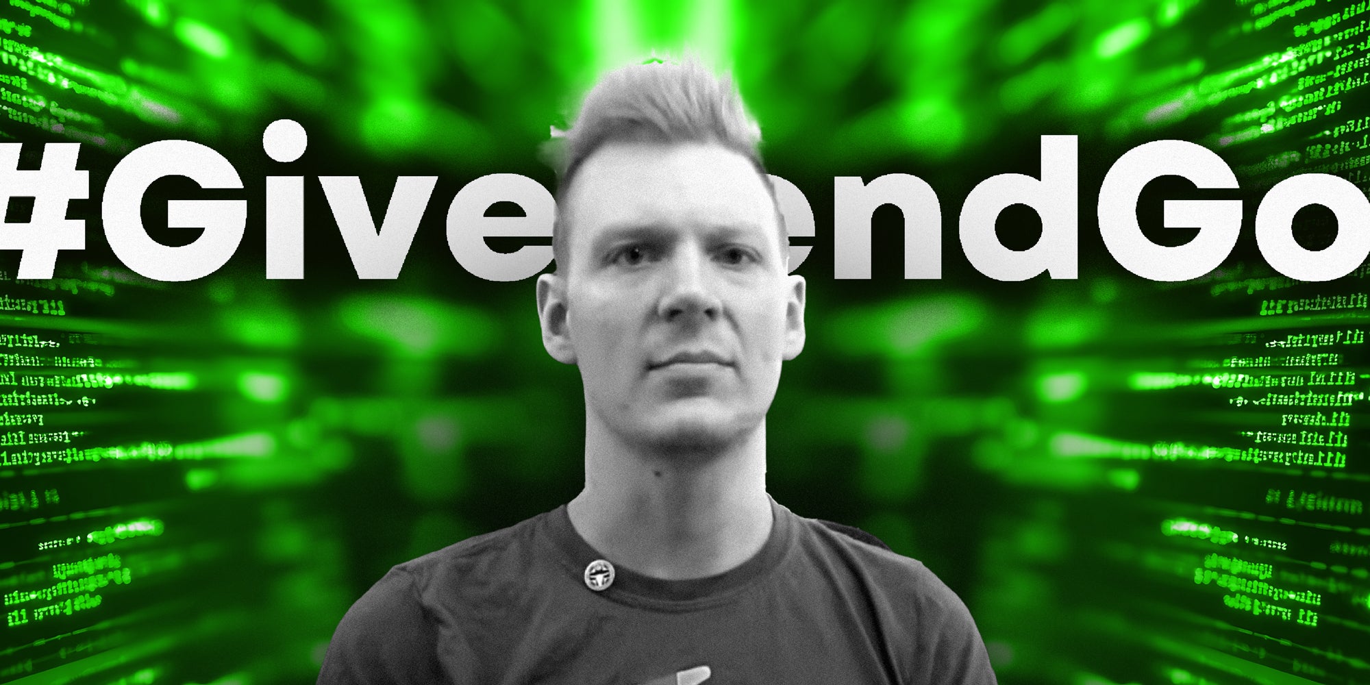 photo collage of hacker Aubrey Cottie in front of the GiveSendGo logo and lines of code on computer screens.