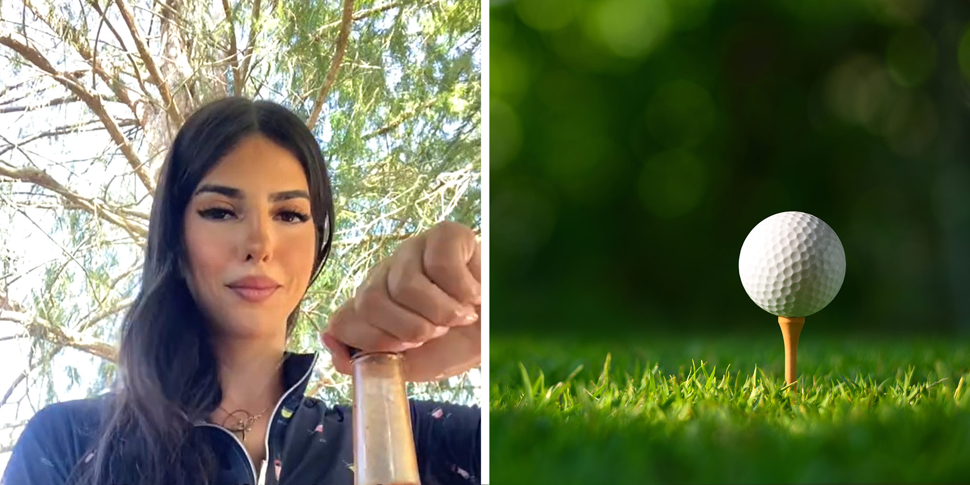 2 image split. Woman opening bottle on left. Golf ball on tee on right.