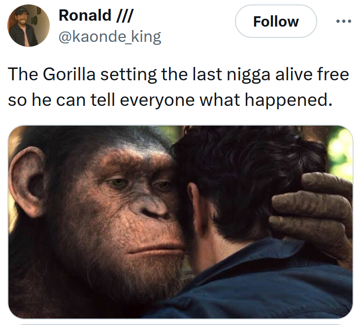 Gorilla vs 100 men meme with a Planet of the Apes screenshot.