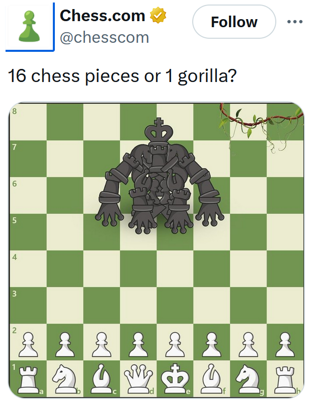 Gorilla vs 100 men meme with an image of a gorilla made out of chess pieces.