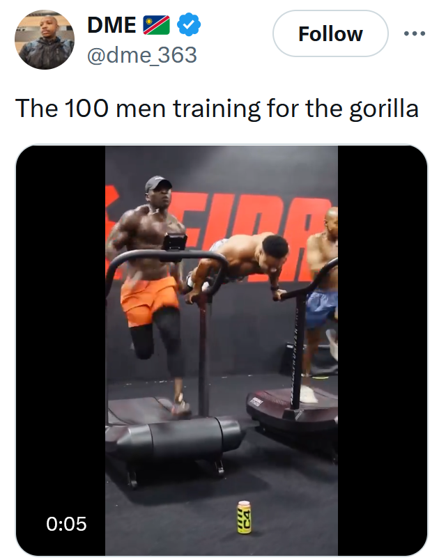 Gorilla vs 100 men meme with a clop of men working out at the gym.
