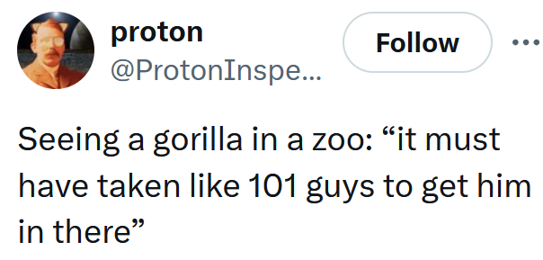 Tweet reading 'Seeing a gorilla in a zoo: “it must have taken like 101 guys to get him in there”'