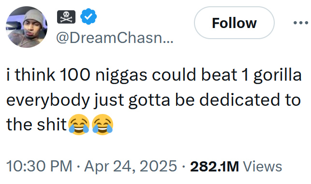 Tweet reading 'i think 100 niggas could beat 1 gorilla everybody just gotta be dedicated to the shit'