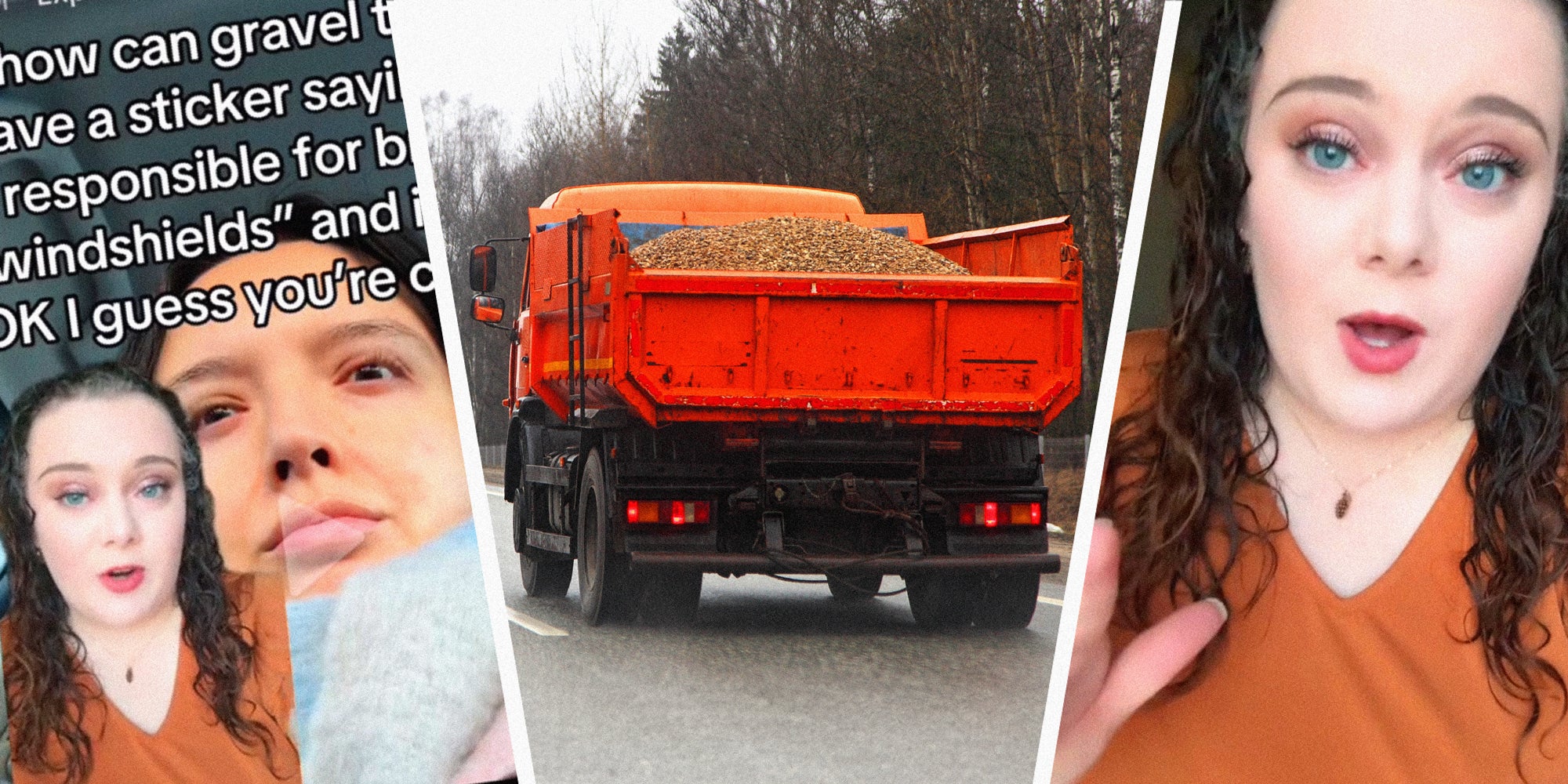 3 panel image: on the sides a person explains and in the middle is a gravel truck.