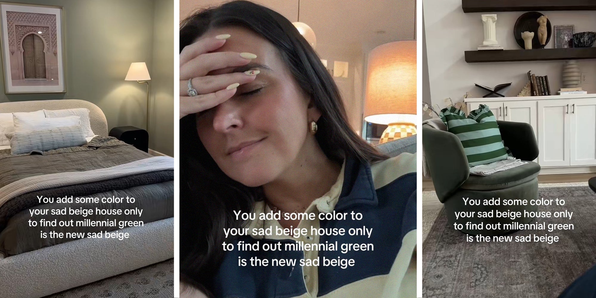 bedroom with wall painted millennial green(l) woman looking disappointed(c) green chair(r)