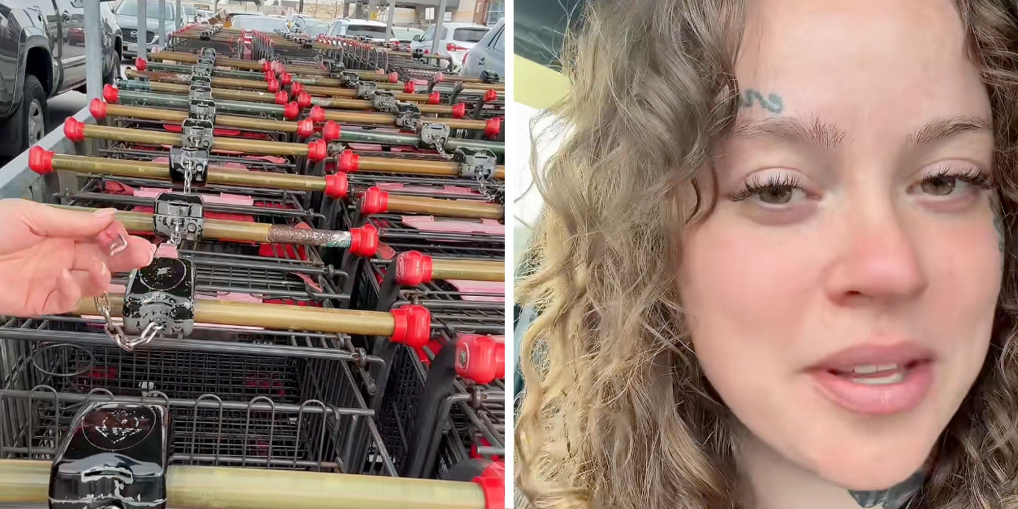 Screenshot from Tiktok user @prettybullyyog of Aldi shopping carts; Photo of Tiktok user @prettybullyyog.