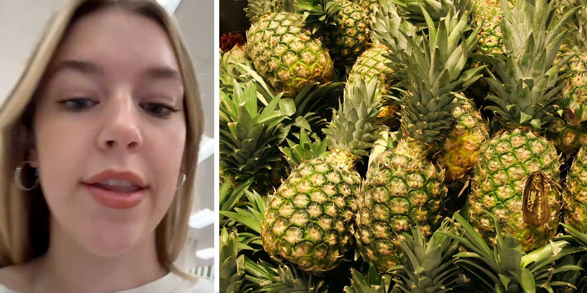 2 image split. Woman, pineapples.