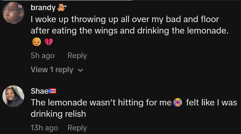 TikTok comments including one reading 'I woke up throwing up all over my bad and floor after eating the wings and drinking the lemonade.'