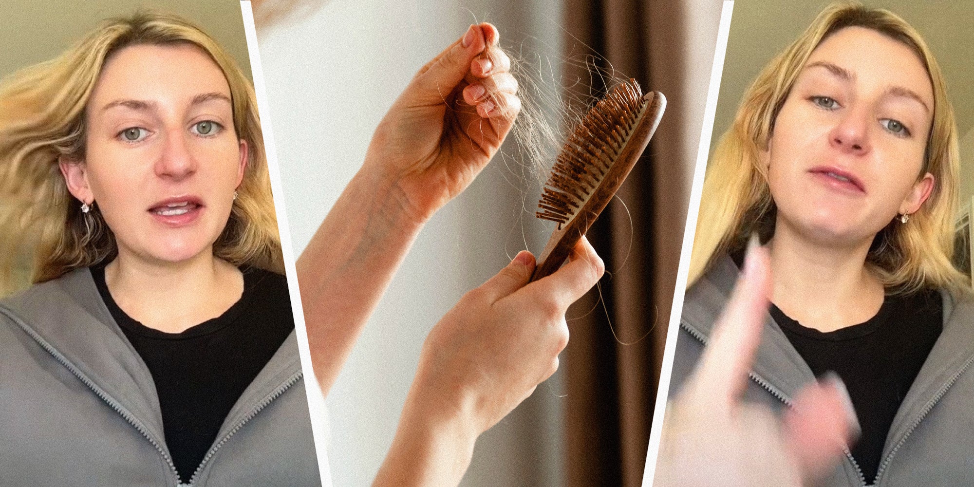 3 panel image, in the middle is a hairbrush with clumps of hair in it and on the sides a person explains.