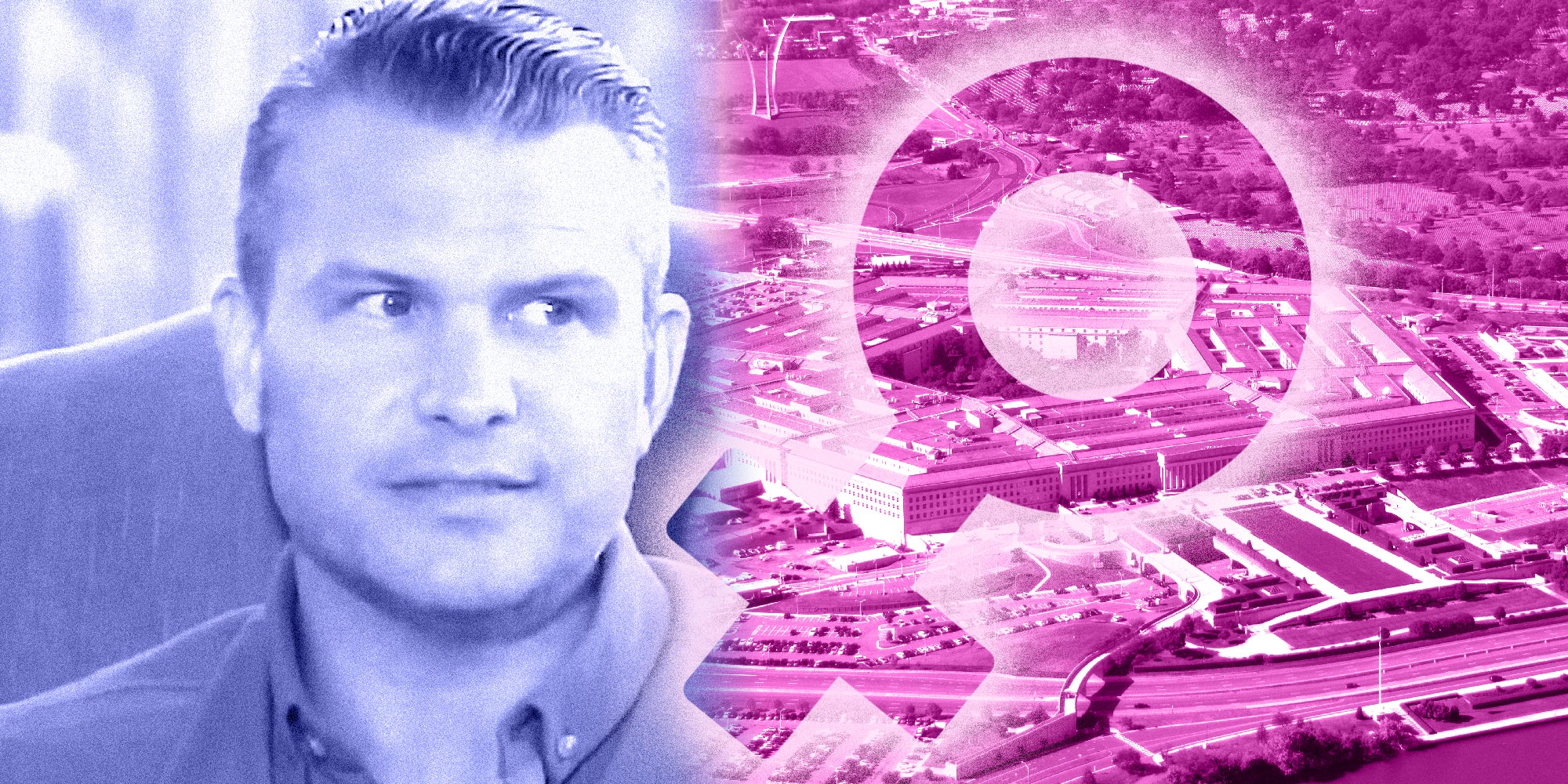 Photo collage image of Pete Hegseth, the Pentagon, and the symbol of women.