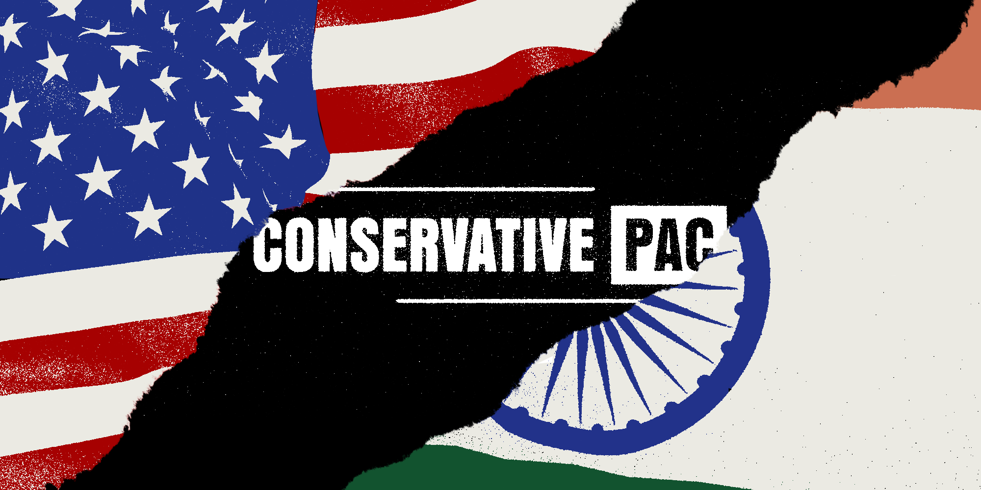 American Flag and Hindu Flag ripped in center with 'Conservative Pac' logo peaking through.
