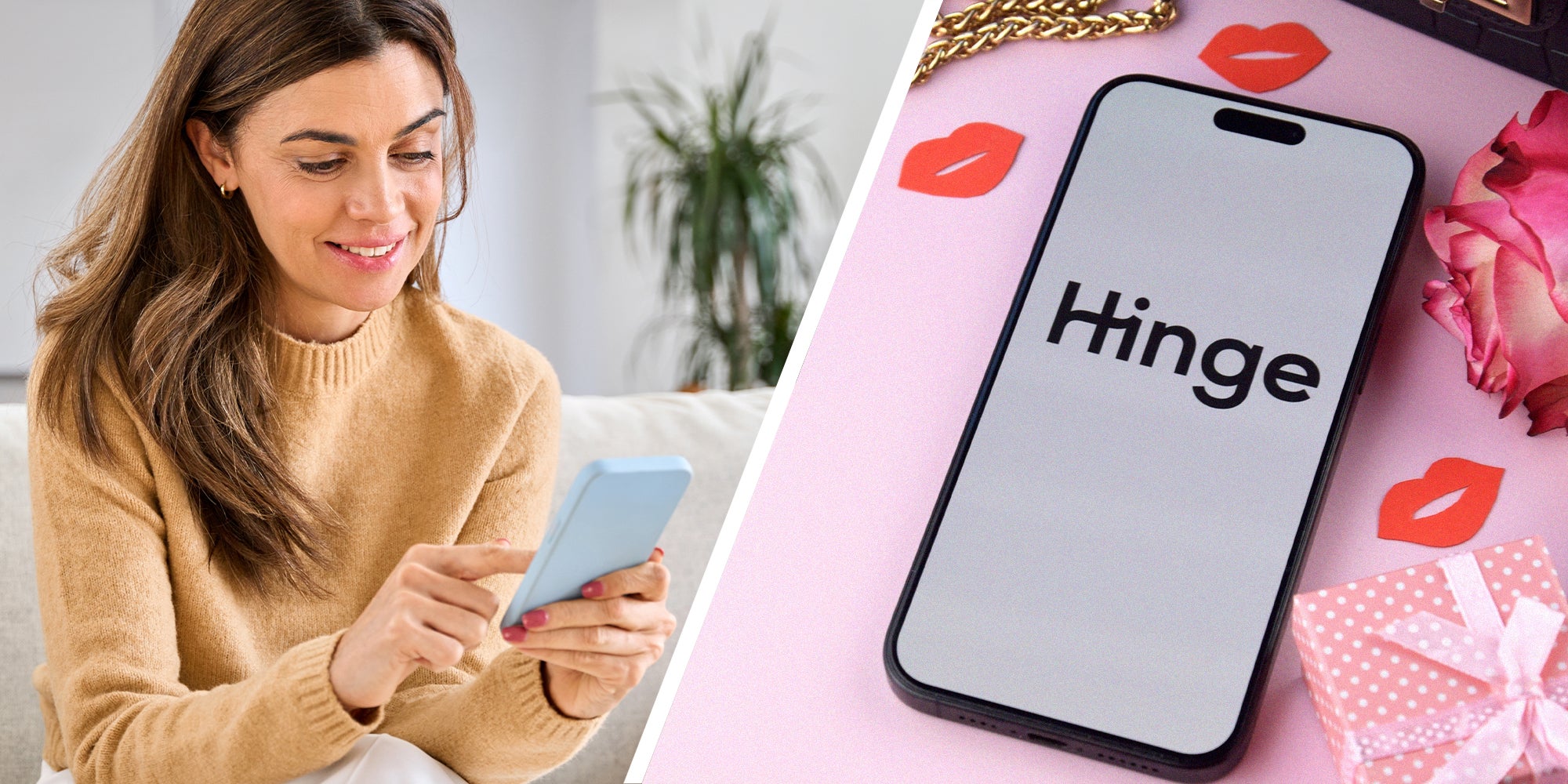 woman checking on phone(l) Hinge app on phone with pink backdrop (r)