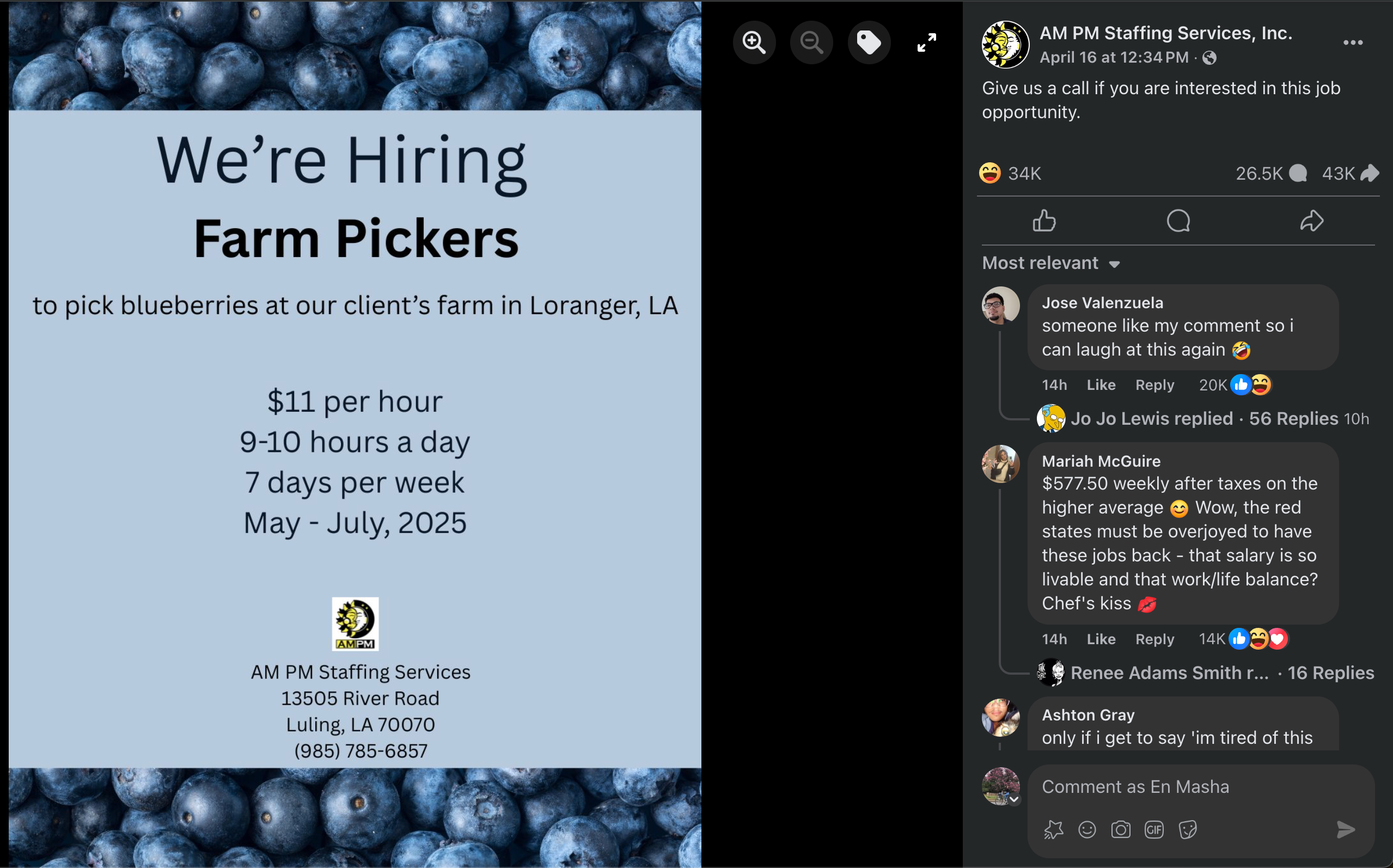 Hiring farm pickers job ad on the AM PM Staffing Services Facebook page.