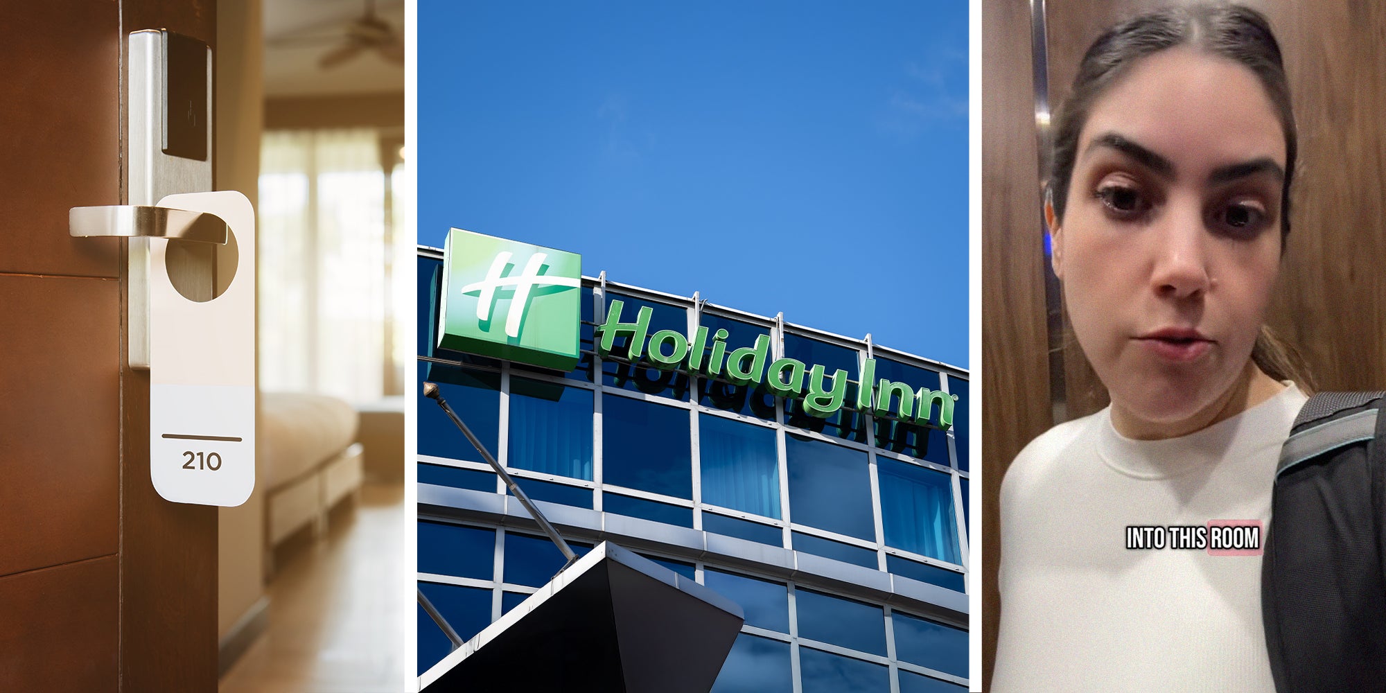 Door with 210 on label(l) Holiday Inn Hotel Sign(c) woman shares experience at holiday inn hotel(r)