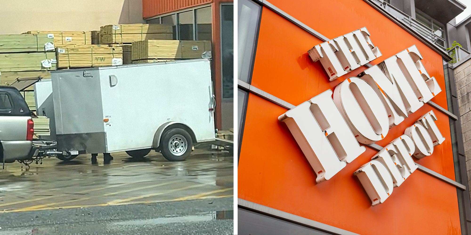 Planks being loaded into hauler at Home Depot on left. The Home Depot sign on right.