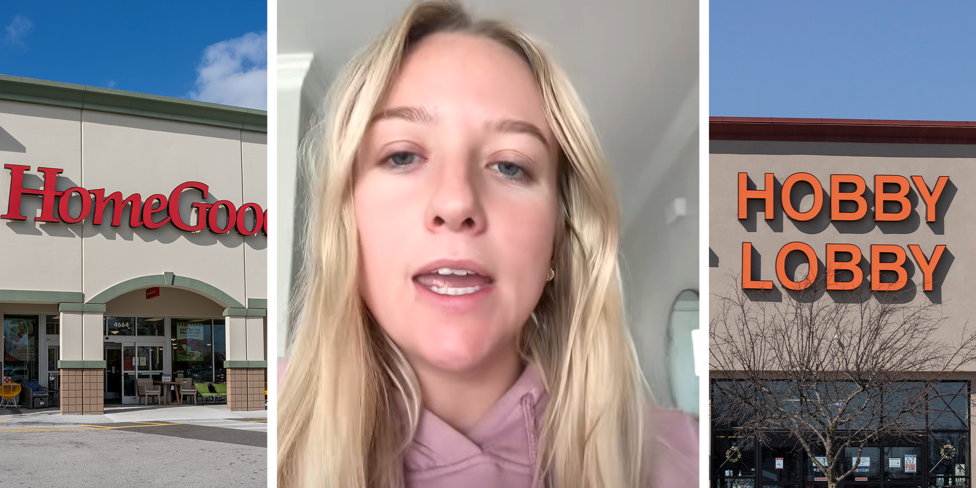 3 panel image. HomeGoods store on left. Woman speaking into camera in center. Hobby Lobby store on right.