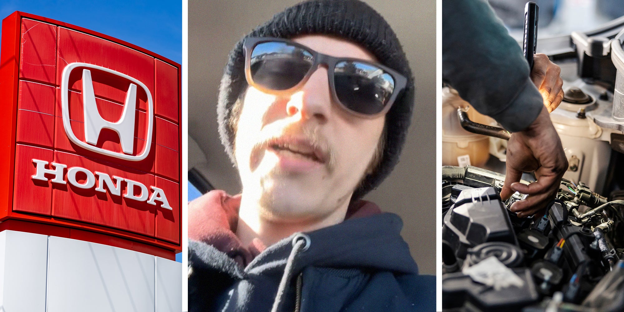 Honda Dealer Sign(l) Mechanic Shares what he saw when he checked Honda Vehicle(c) Mechanic Checking Car Engine(r)