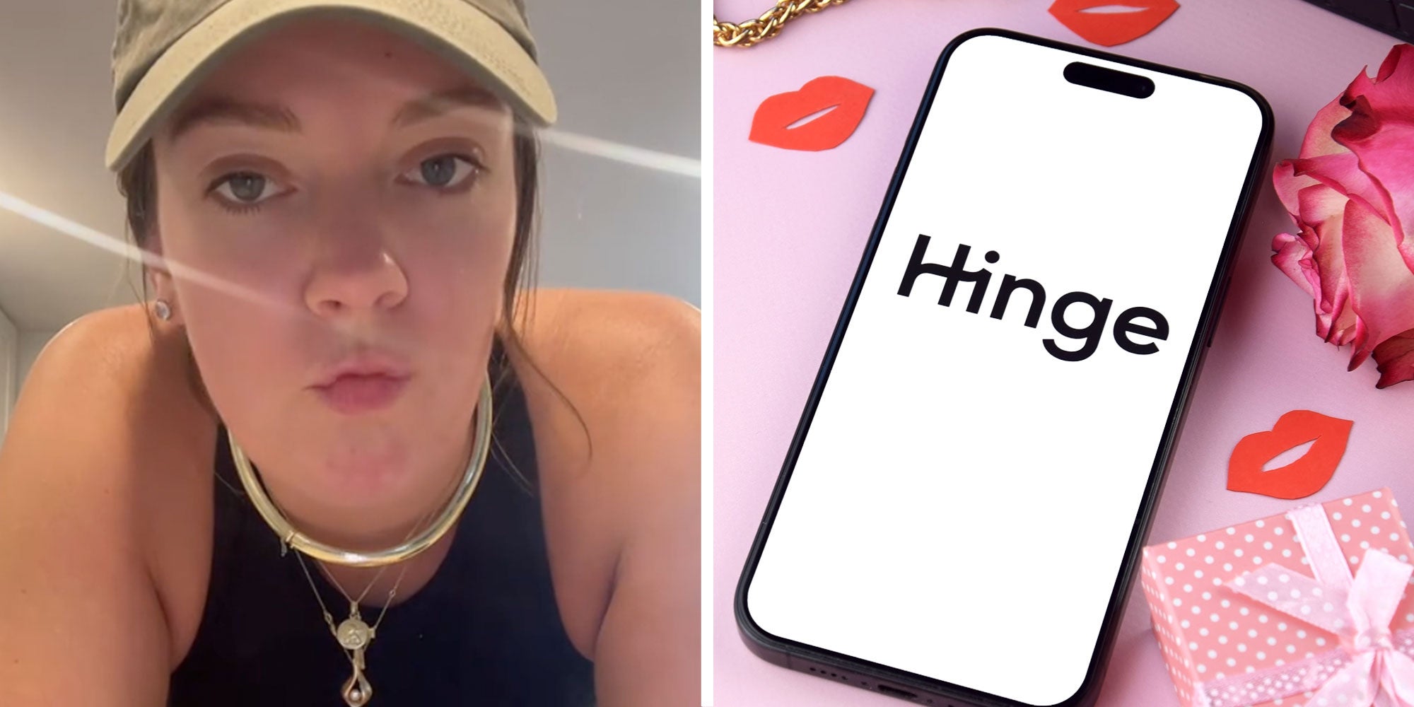 Screenshot of Tiktok user @griff.t32; Photo of a phone with the Hinge logo on the screeen and roses, pink gifts, and lip-shaped confetti surrounding it.