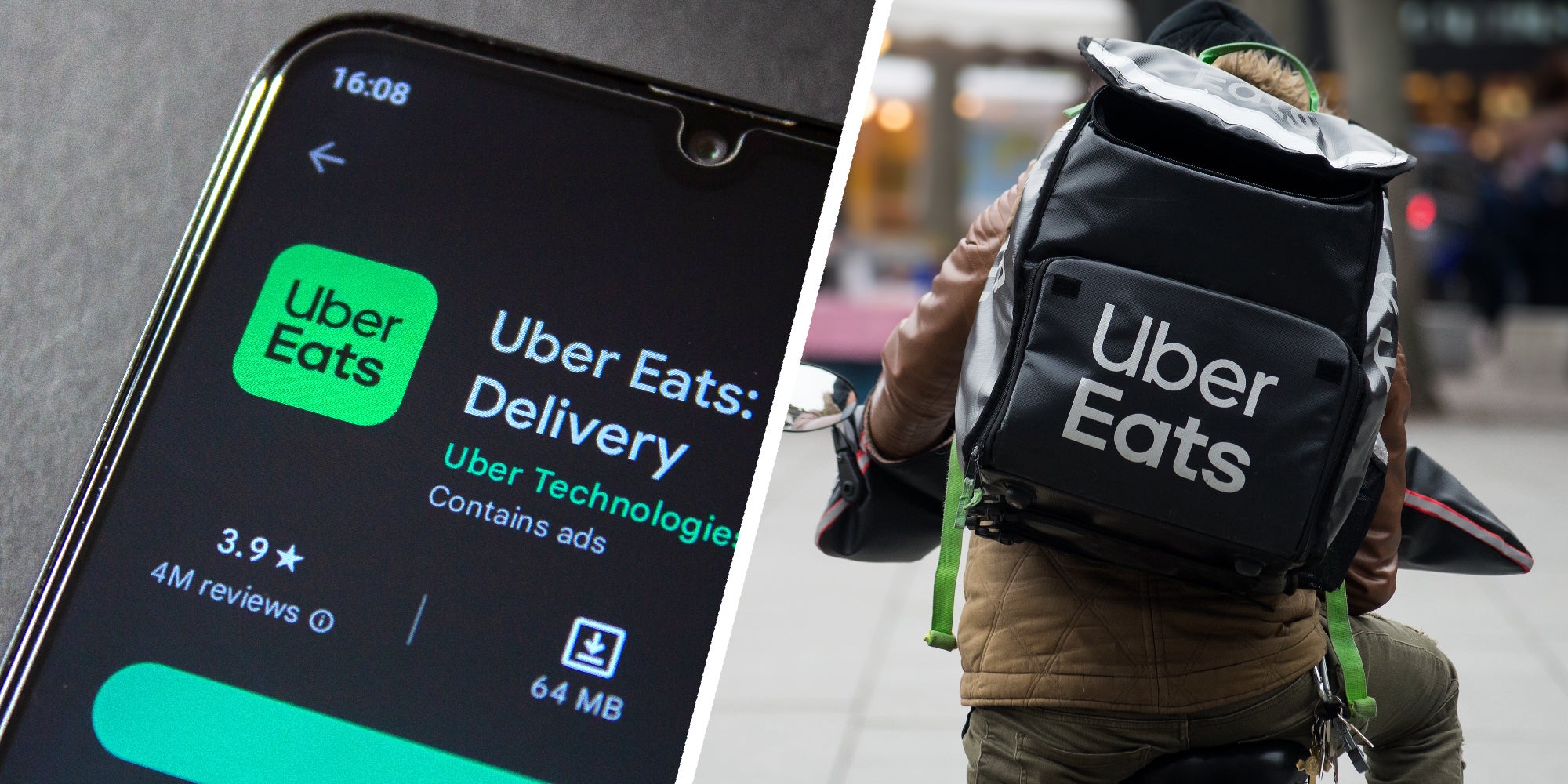 2 panel image: on the left is the Uber Eats app on a phone. On the right is an Uber Eats driver.