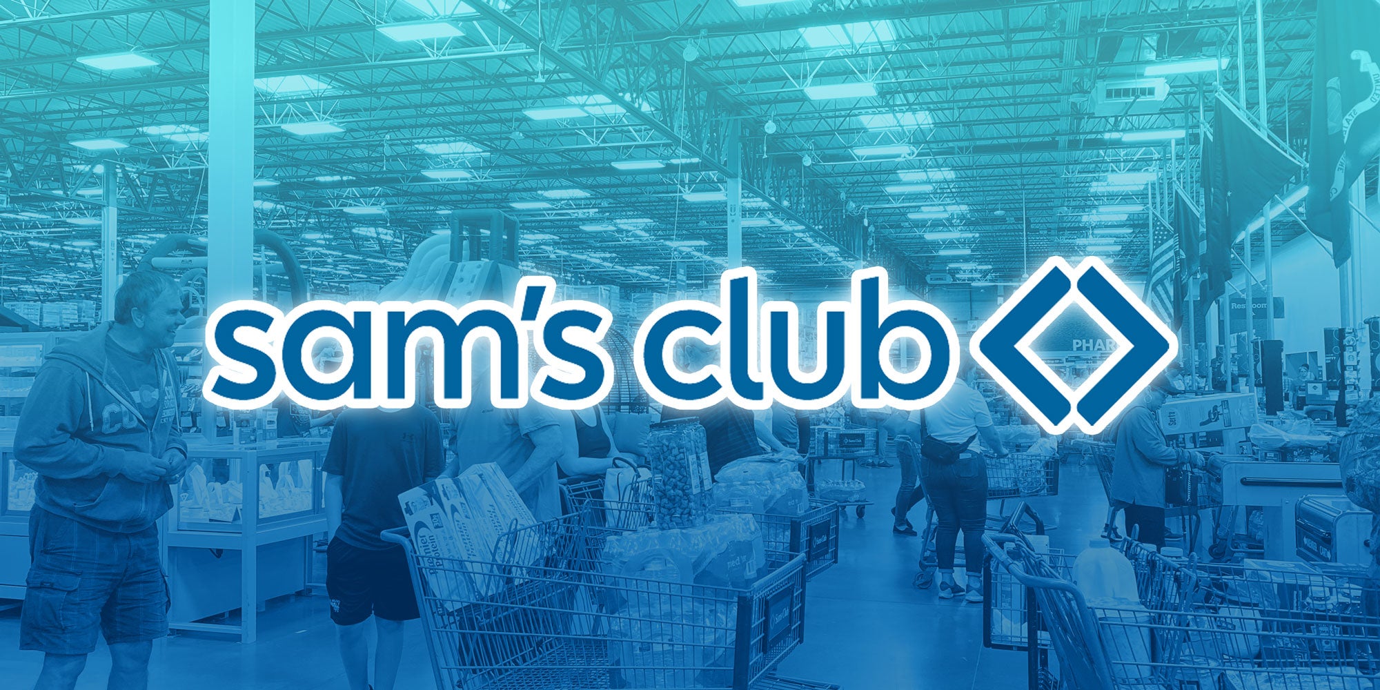 Sam's Club logo over a photo of a Sam's Club check out line.